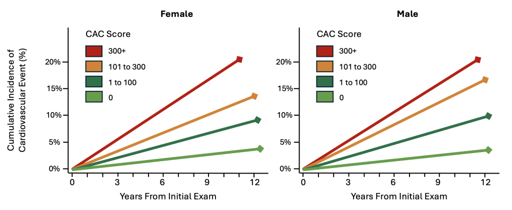 Figure 1 is a line chart depicting rates of cardiovascular disease in adult men and women compared to coronary artery calcium scores, for which there is a linear increased likelihood of cardiovascular events as coronary artery scores increase in both men and women.