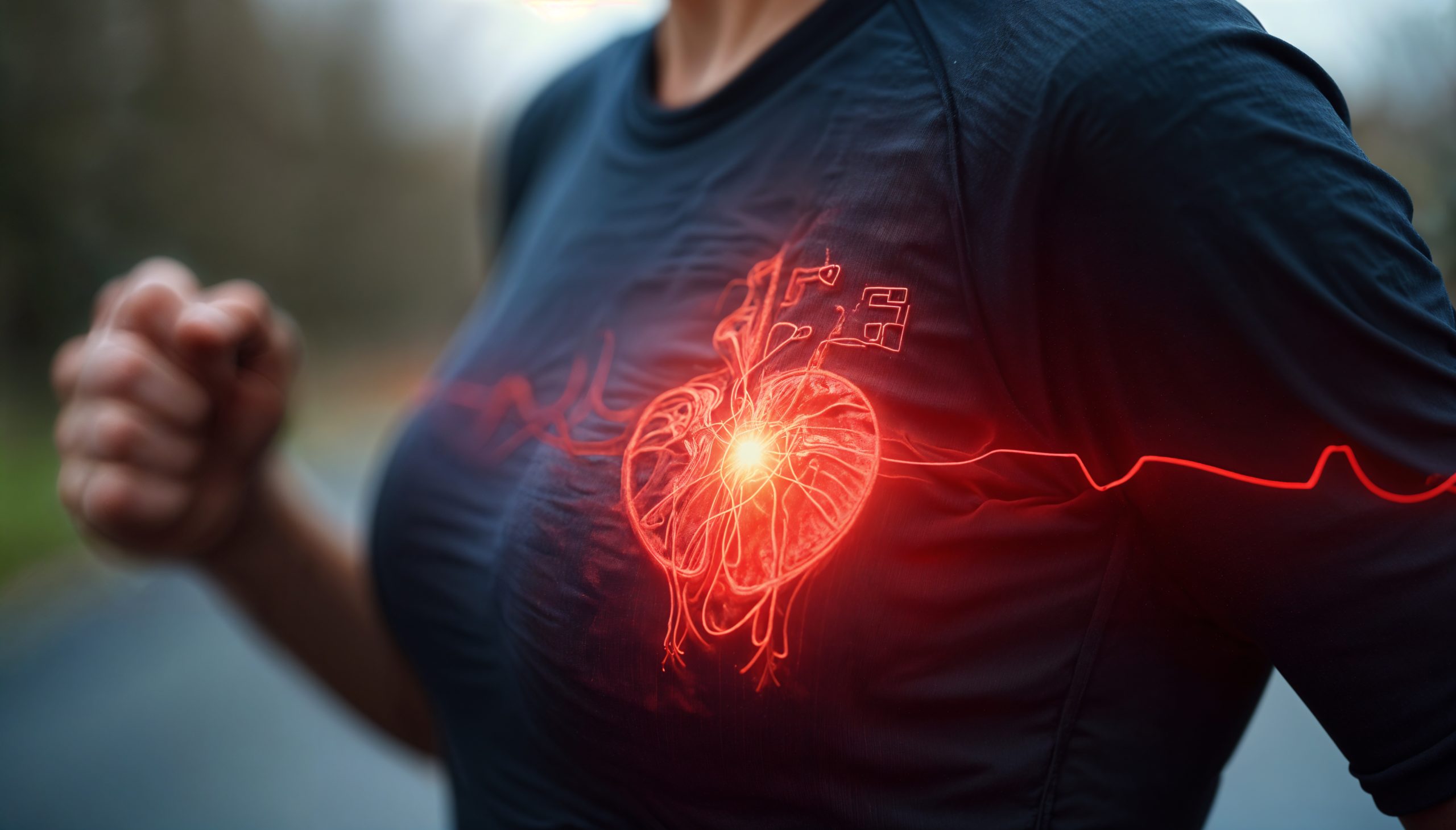 Adult female jogging with a red heart depicted on the front left of her shirt