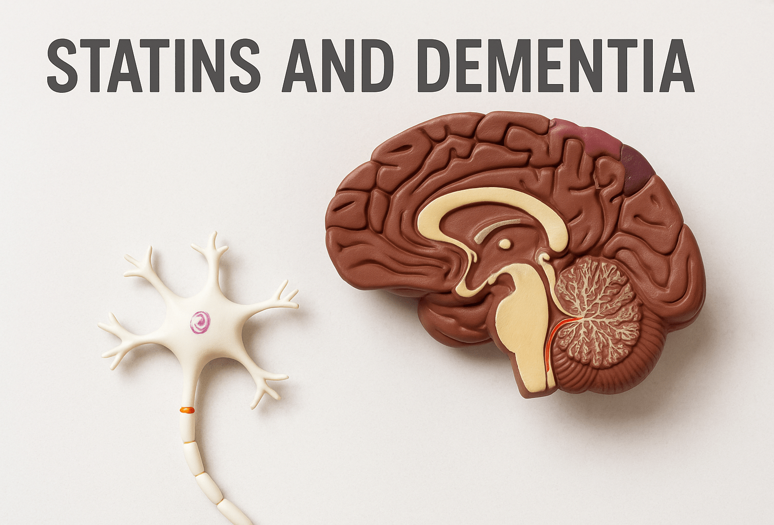 Featured image of blog post depicting a photo of a brain with adjacent text stating "Statins and Risk of Dementia."