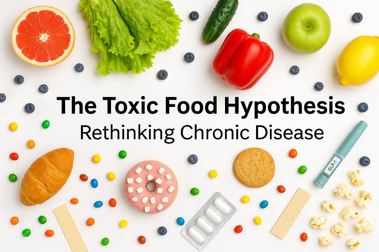 Featured image with the title "The Toxic Food Hypothesis: Rethinking Chronic Disease" surrounded by a variety of healthy and unhealthy foods.