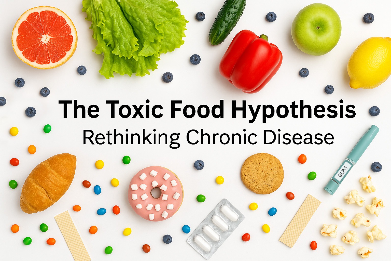 Featured image with the title "The Toxic Food Hypothesis: Rethinking Chronic Disease" surrounded by a variety of healthy and unhealthy foods.